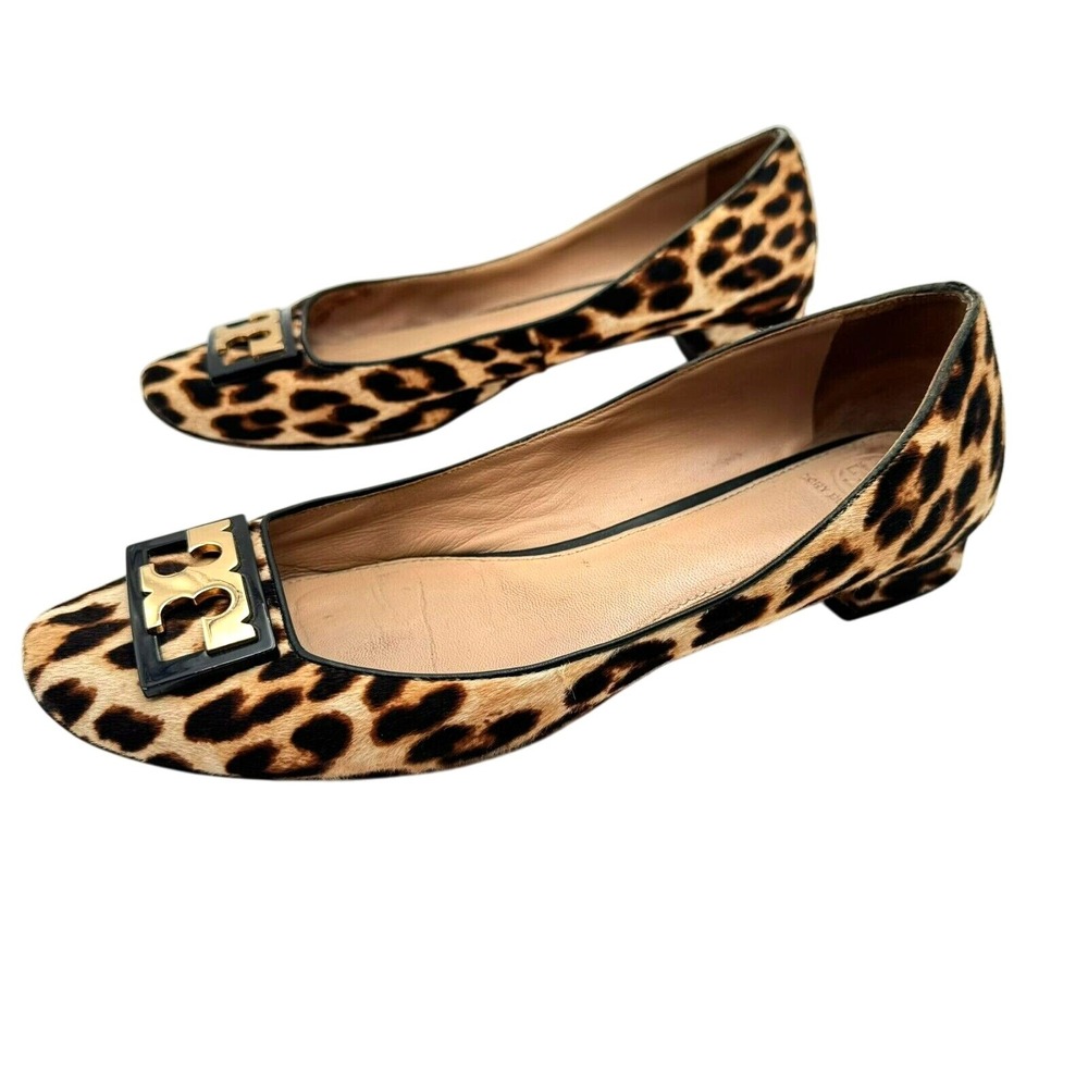 TORY BURCH Women's 10.5 Brown Haircalf Leather Gigi Leopard‎ Print Ballet Flats